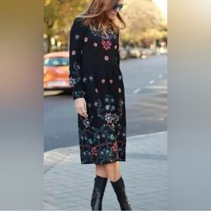 Zara Midi Floral Runways Fav Embroidered Long Sleeves Black Dress M